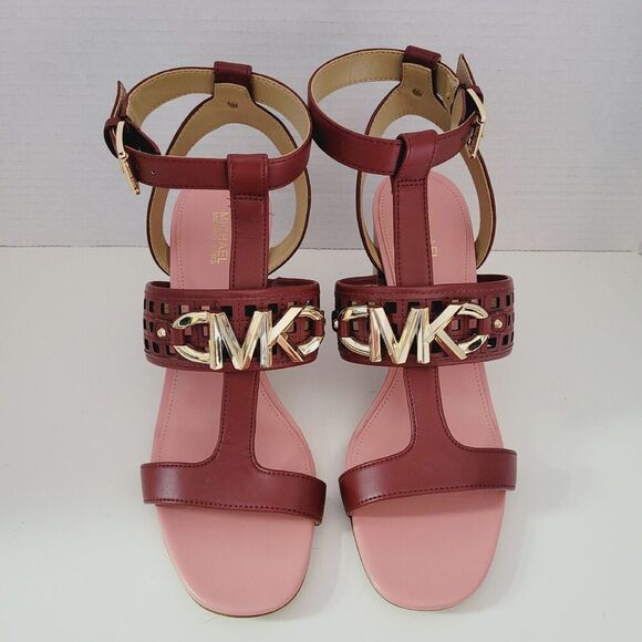 8.5 Women's MK MICHAEL KORS Burgundy Wine Ankle Strappy Block Heel Sandals - Picture 7 of 14